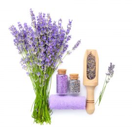Natural cosmetics with flowers of lavender on white background